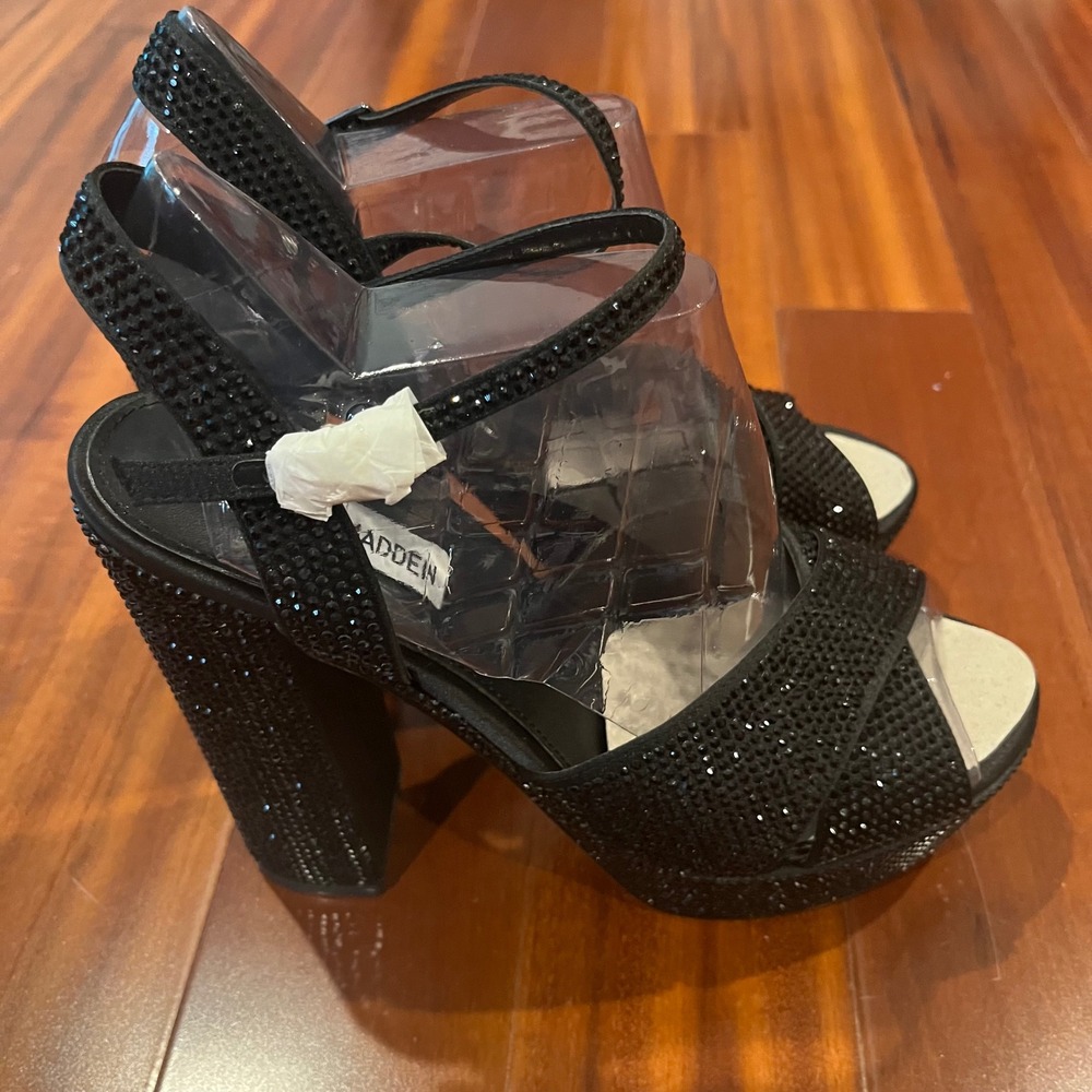 Steve Madden Black Shoes Partytme Rhinestone Platform BLock Heel Sandal Disco 10
